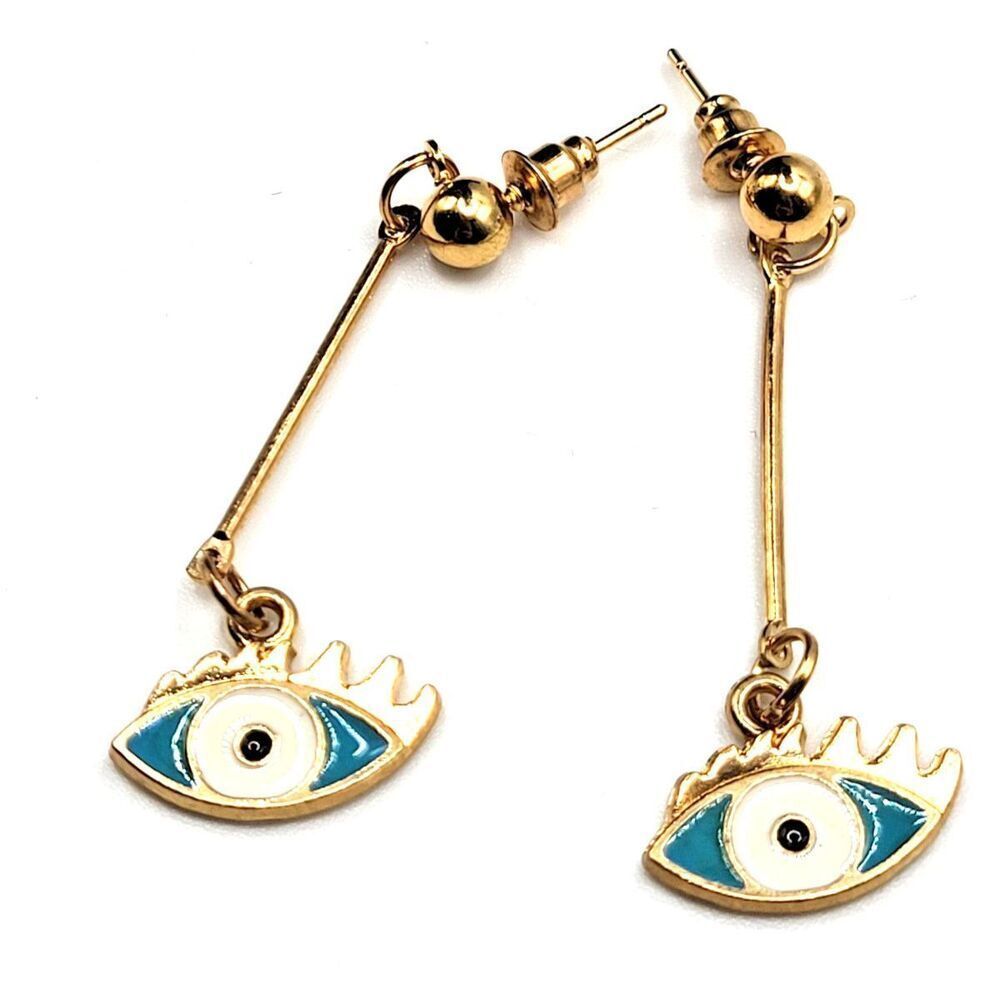 New Without Tags Teal Enamel Goldtone Eyeball Dangle Earrings 2in Long